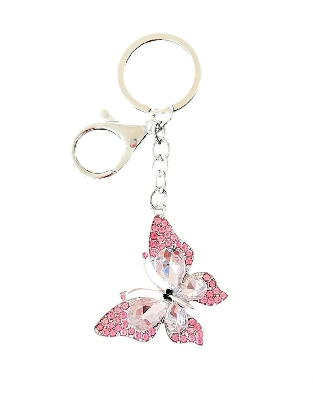 Allover Light Pink Rhinestone Silver Butterfly 2” Keychain Bag Purse Charm